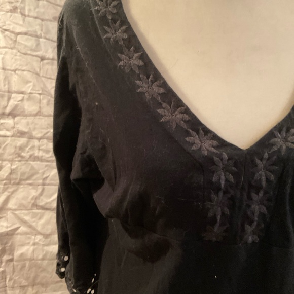“BCBG” Black Embroidered and Open Work  3/4 Wide Sleeves Peasant Style Top. - Picture 2 of 15